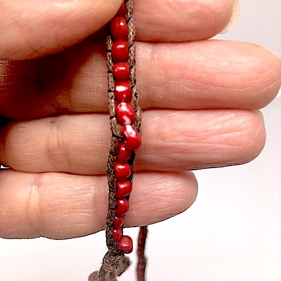Boho Red Beaded Bracelet Wrapped on Waxed Linen with Silver Toned Button Closure - Picture 13 of 13